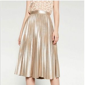 Zara Gold Pleated Midi Skirt L